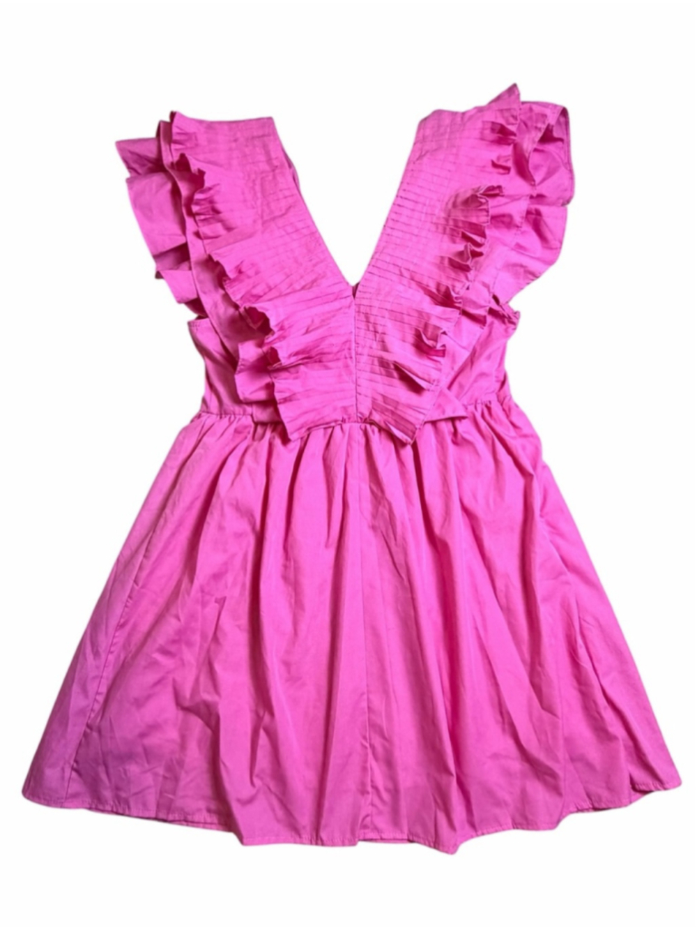 entro Pink Pleated Ruffle V-Neck Mini Dress Size Large Coquette Barbiecore - Picture 2 of 8